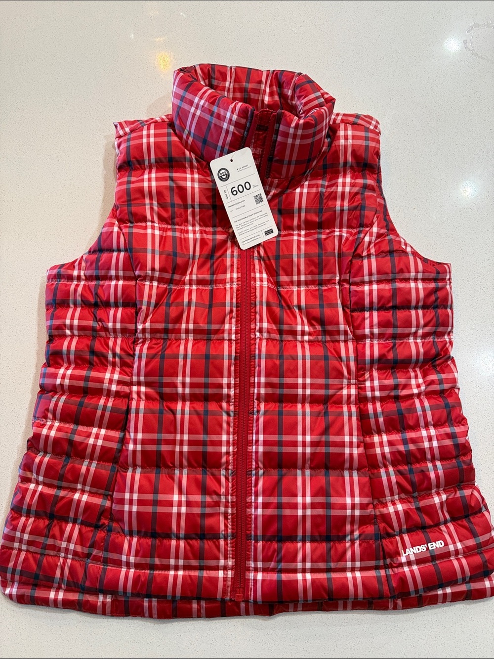 Lands' End Women’s Red Plaid Feather Down Puffer Vest Size Small NWT